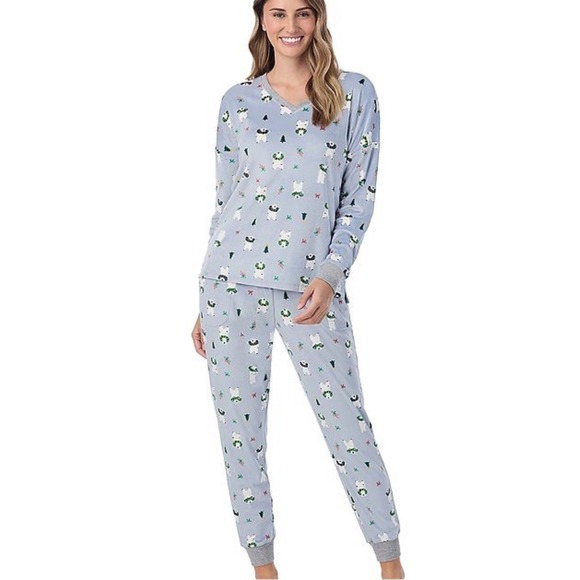 Cuddl Duds Mint Green Trees Velour Fleece V-Neck Pajama Pants Set Size L NWT - Picture 1 of 5